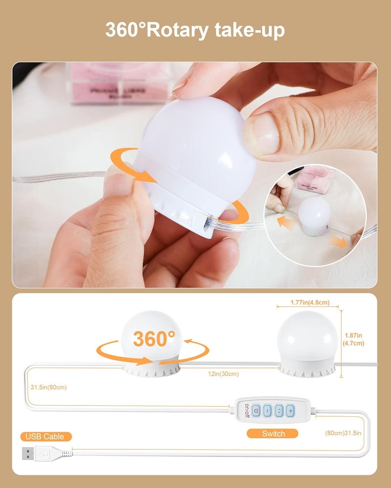 Yarnock 14 Bulbs LED Vanity Lights for Mirror, 3000K 4000K 6500K & 10-Brightness, Wire Length Adjustable, USB Cable, Hollywood Mirror Lights for Makeup Dressing Room Bathroom, White - Image 4